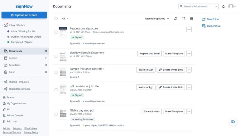 signNow signature tracking dashboard.